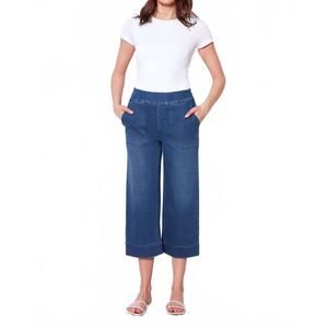 NEW UP! pull on gaucho style jeans in medium wash denim
